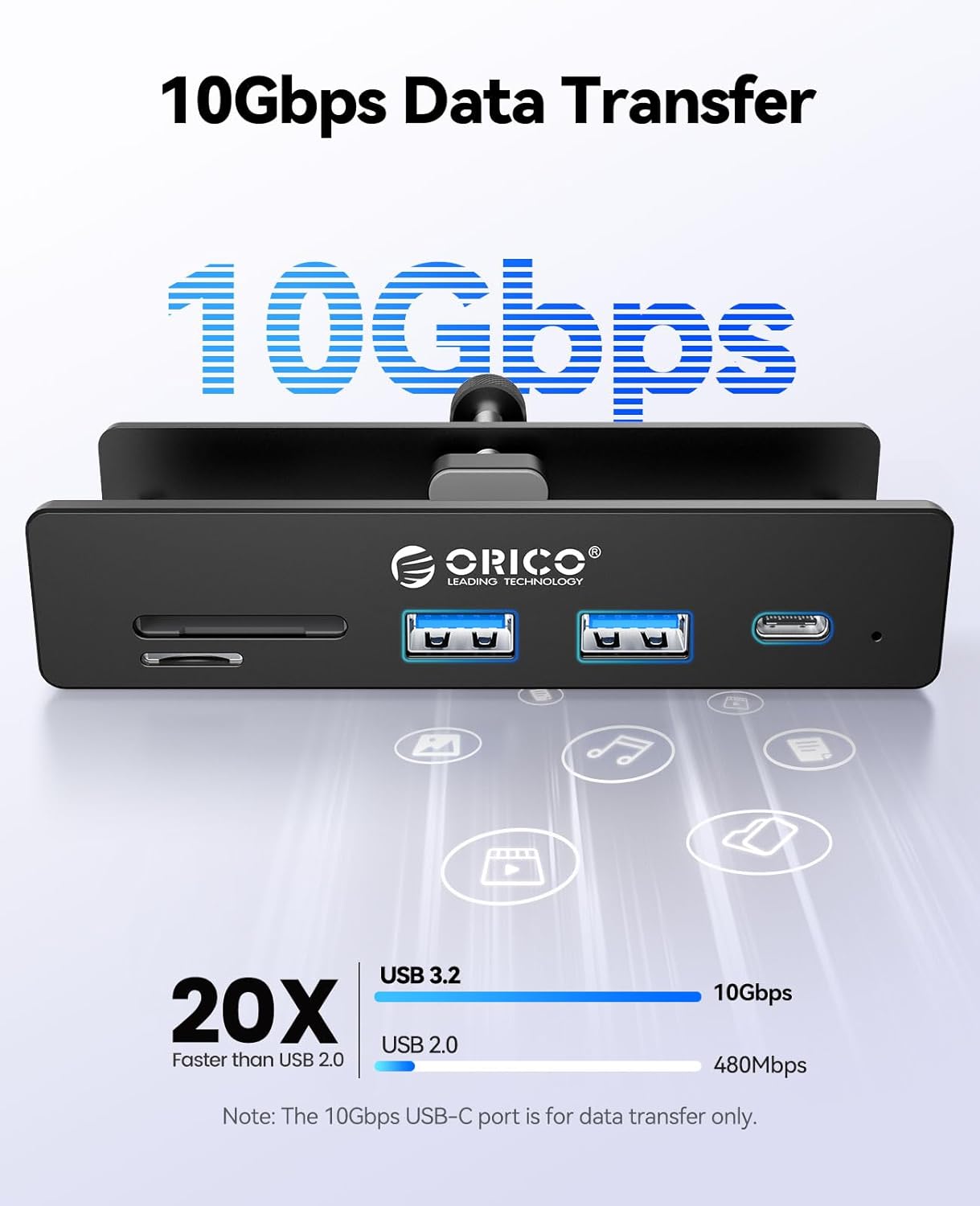 ORICO USB Hub 3.2, Clamp USB-Hub with Extra Power Supply Port, 10Gbps Aluminum 5-Port USB Extender with 2 USB-A 3.2 Ports, USB-C 3.2, SD/TF Card Reader 3.0, USB-3.2 Splitter for Monitor, Desk