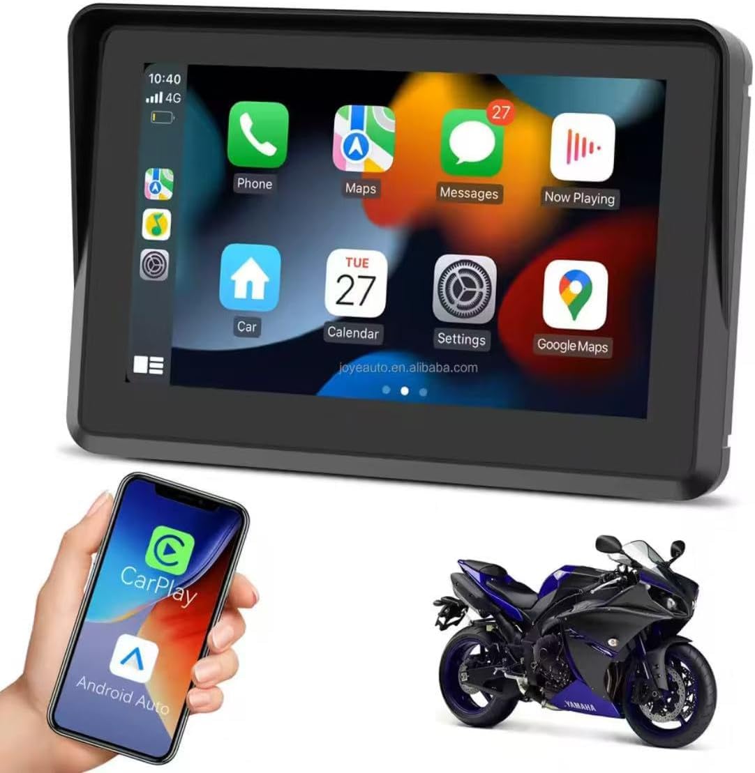 Motorcycle Multimedia System displaying a CarPlay interface with app icons for Phone, Maps, Messages, Now Playing, Car, Calendar, Settings, and Google Maps.