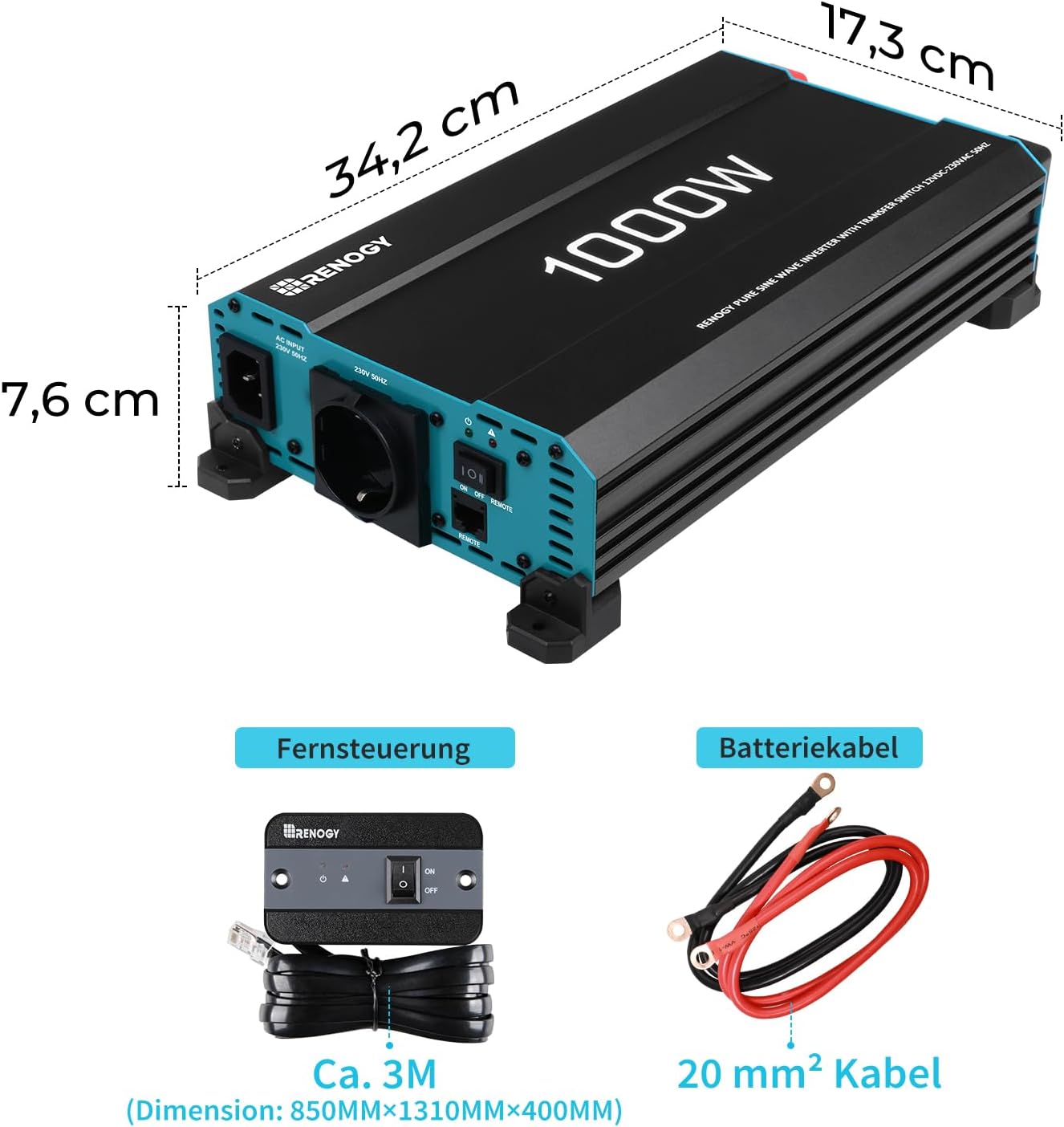 Components included with the Renogy 1000W inverter: remote control and battery cables
