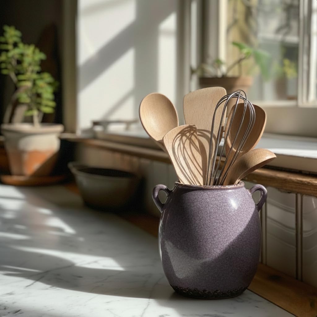 JIEMEI HOME Kitchen Utensil Holder with Handle, 6.69" Ceramic Farmhouse Stable Utensil Crock for Countertop, Cooking Tool Organizer with Cork Bottom, Spatula Holder For Kitchen Decor, Purple