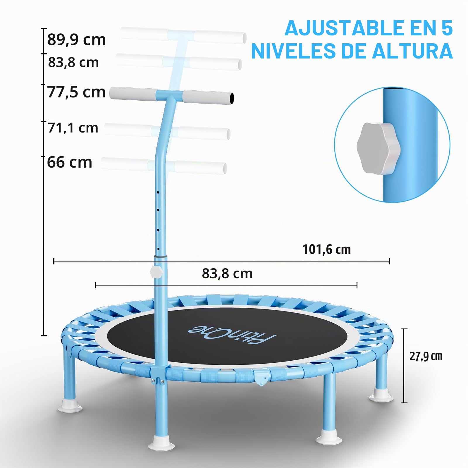FitinOne Mini cama elástica plegable de 200 kg de diámetro de 102 cm con bandas elásticas, mango de espuma ajustable en 5 direcciones, trampolín de interior para niños y adultos