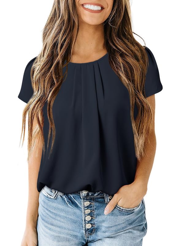 Dokotoo Women's Casual Round Neck Basic Pleated Tops Short Sleeve Loose Fit Curved Keyhole Back Chiffon Blouses Tshirts