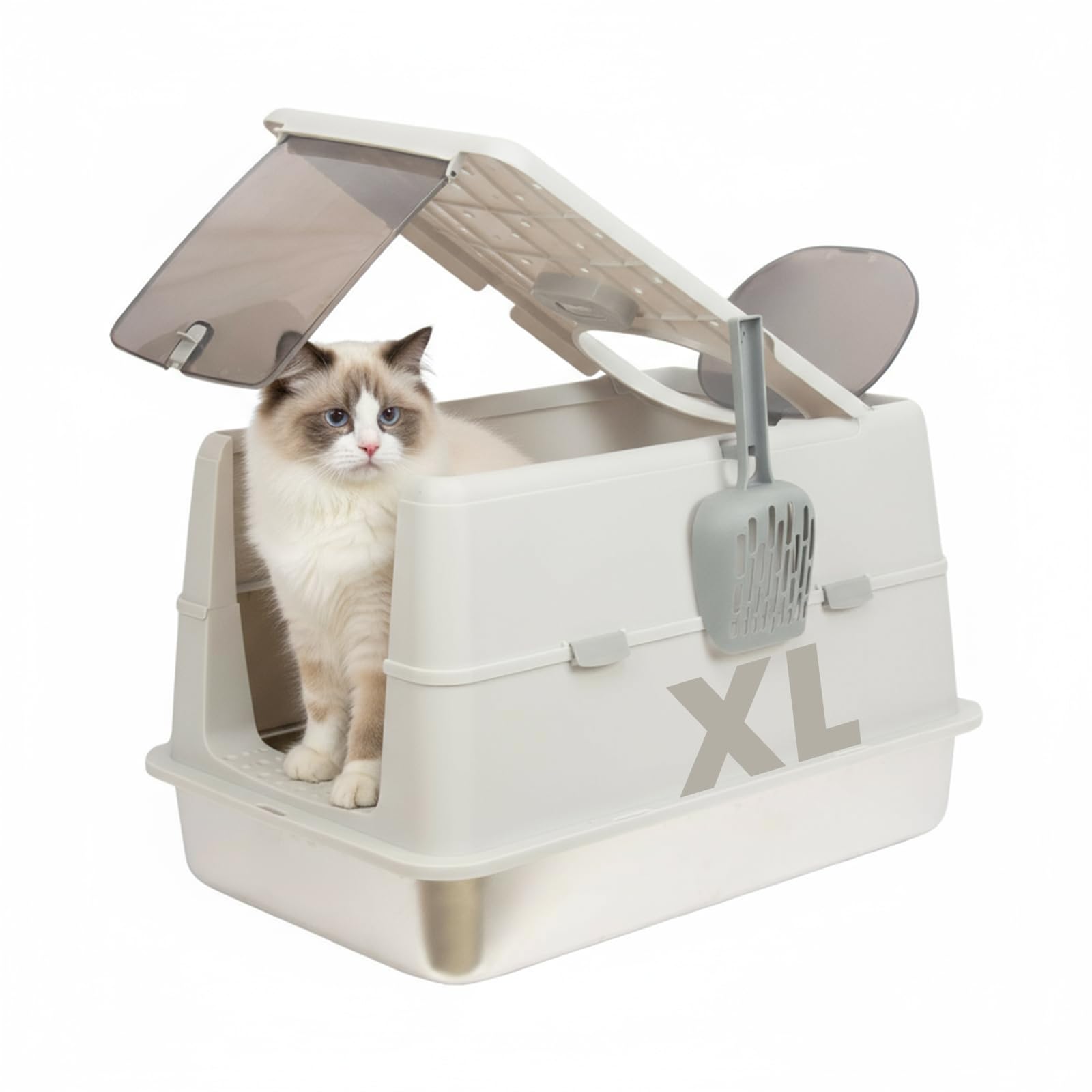 Stainless Steel Litter Box with Lid,Front Entry Top Exit Kitty LitterBox,Extra Large 23.6" L x 15.7" W x 16.6" H, Enclosed Metal Cat Box with Litter Scoop & Litter Mat-Black (Gary)