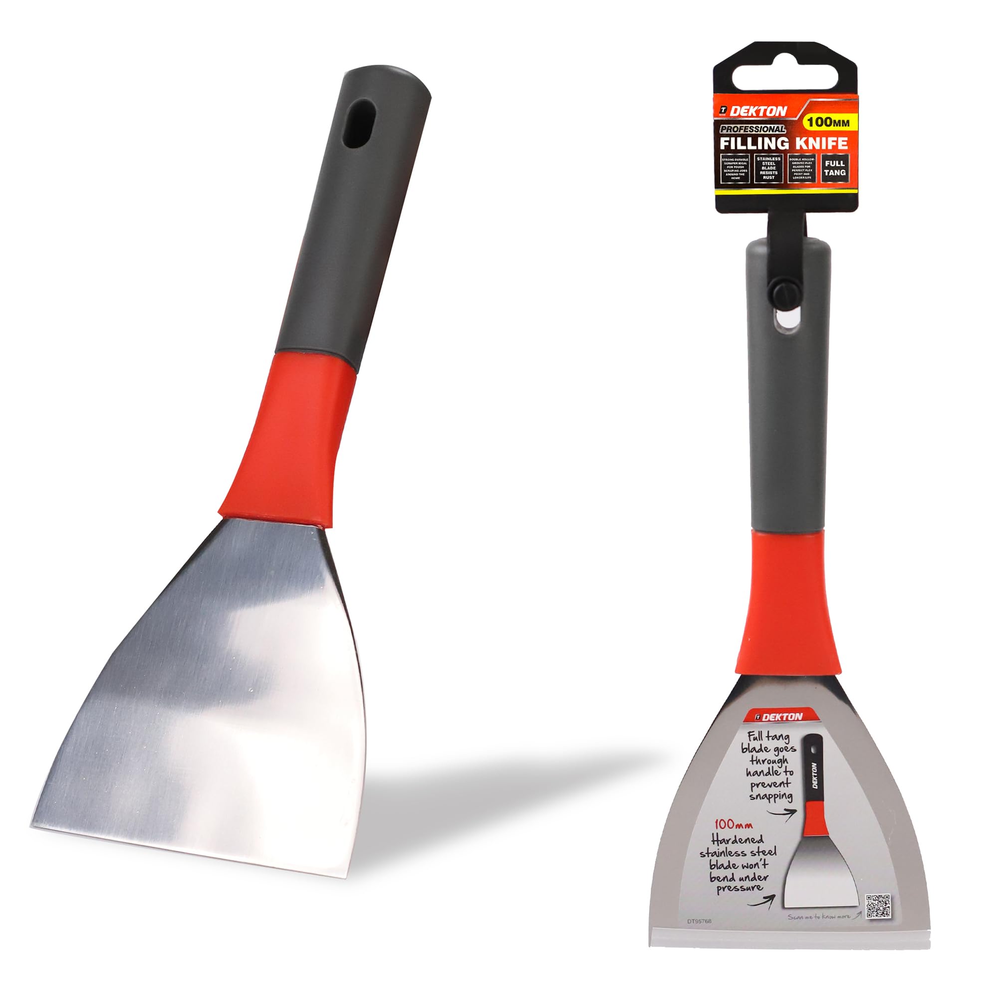 DEKTON Filling Knife 100mm, 1.27mm - Stainless Steel Flexible Blade with Ergonomic Rubber Grip Handle for Filling Cracks, Repairing Holes & Decorating Tasks