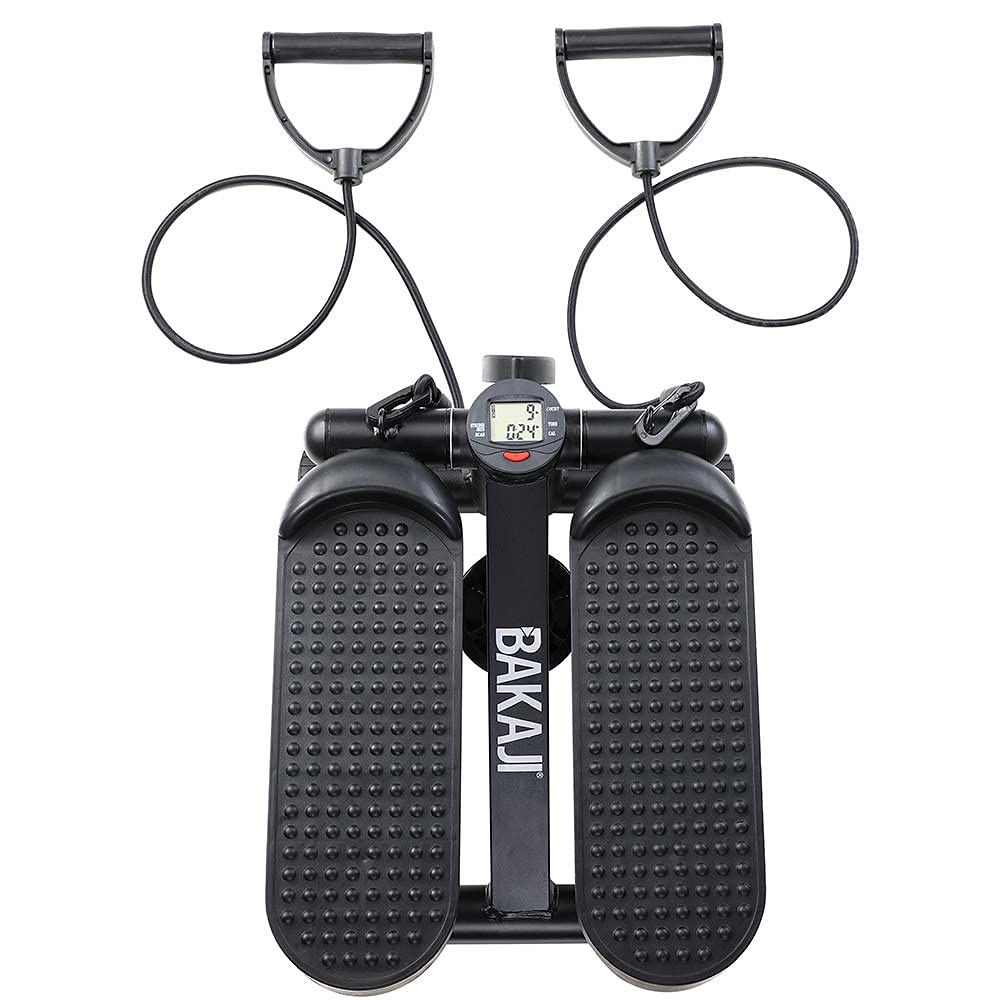 BAKAJI Stepper Allenamento Fitness Cardio Gambe Pancia Fianchi con Display LCD Calorie Tempo e Manubri Elastici Allenamneto Braccia Spalle Struttura in Acciaio Inox Pedali Antiscivolo