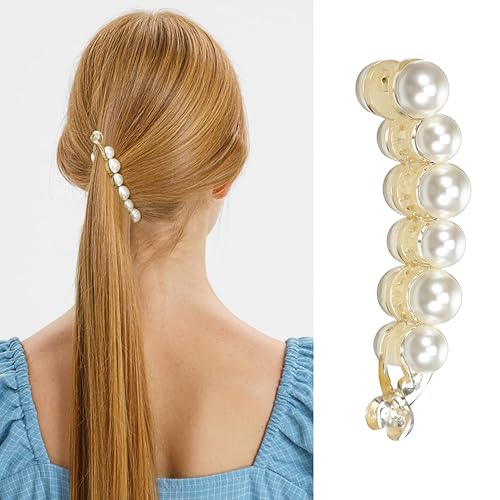 Miniatura 2 de FRCOLOR Clip de plátano de perlas y cola de pez, cierres de pelo jumbo con perlas sintéticas para peinar cola de caballo