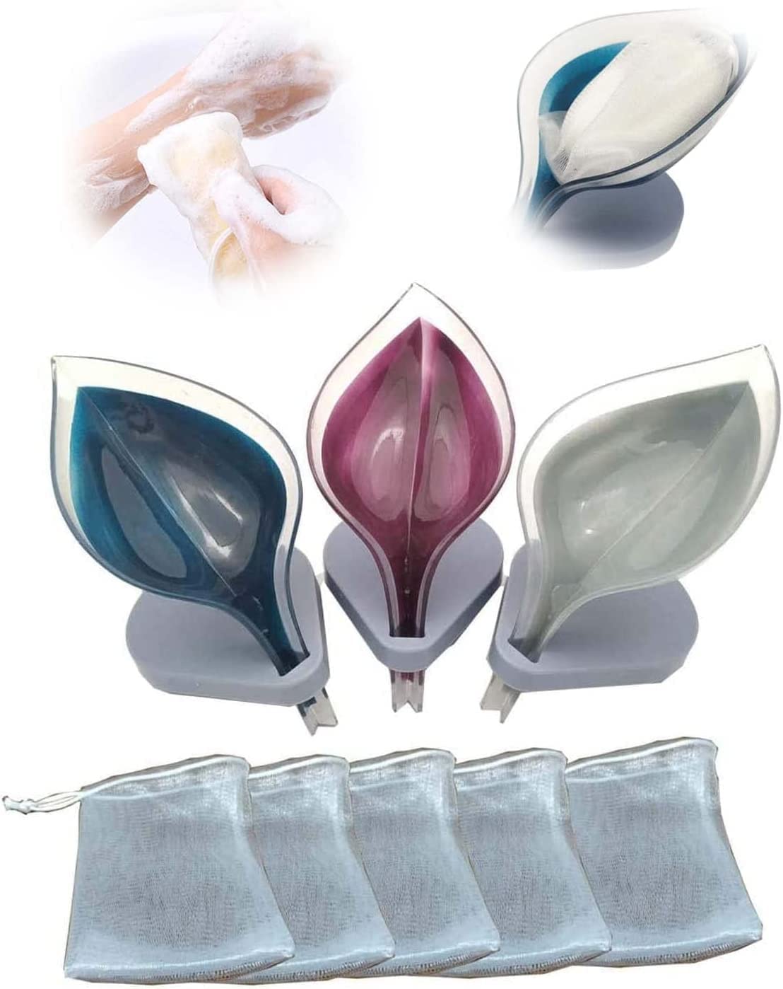 Azonee Soap Dishes, Dust Mask Leaf Shape Self Draining, Keep Soap Dry and Clean Stop Mushy Soap with 3 Suctions, 5 Pcs Mesh Soap Saver Bags for Drying the Soap, Foaming, 3 Pcs