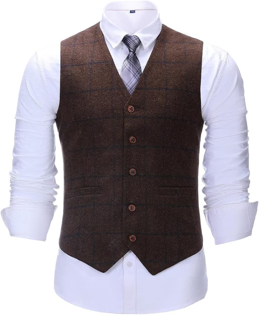 Men's Vest Plaid Soft Wool Brown Jacket Casual Gentleman Tweed Business Waistcoat for Groosmen Best Man for Wedding