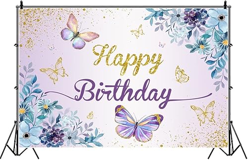 Miniatura 3 de Telón de fondo de mariposa de 6 x 4 pies, diseño de mariposas moradas, besos y deseos de cumpleaños, mariposas azules, flores doradas, fondo de