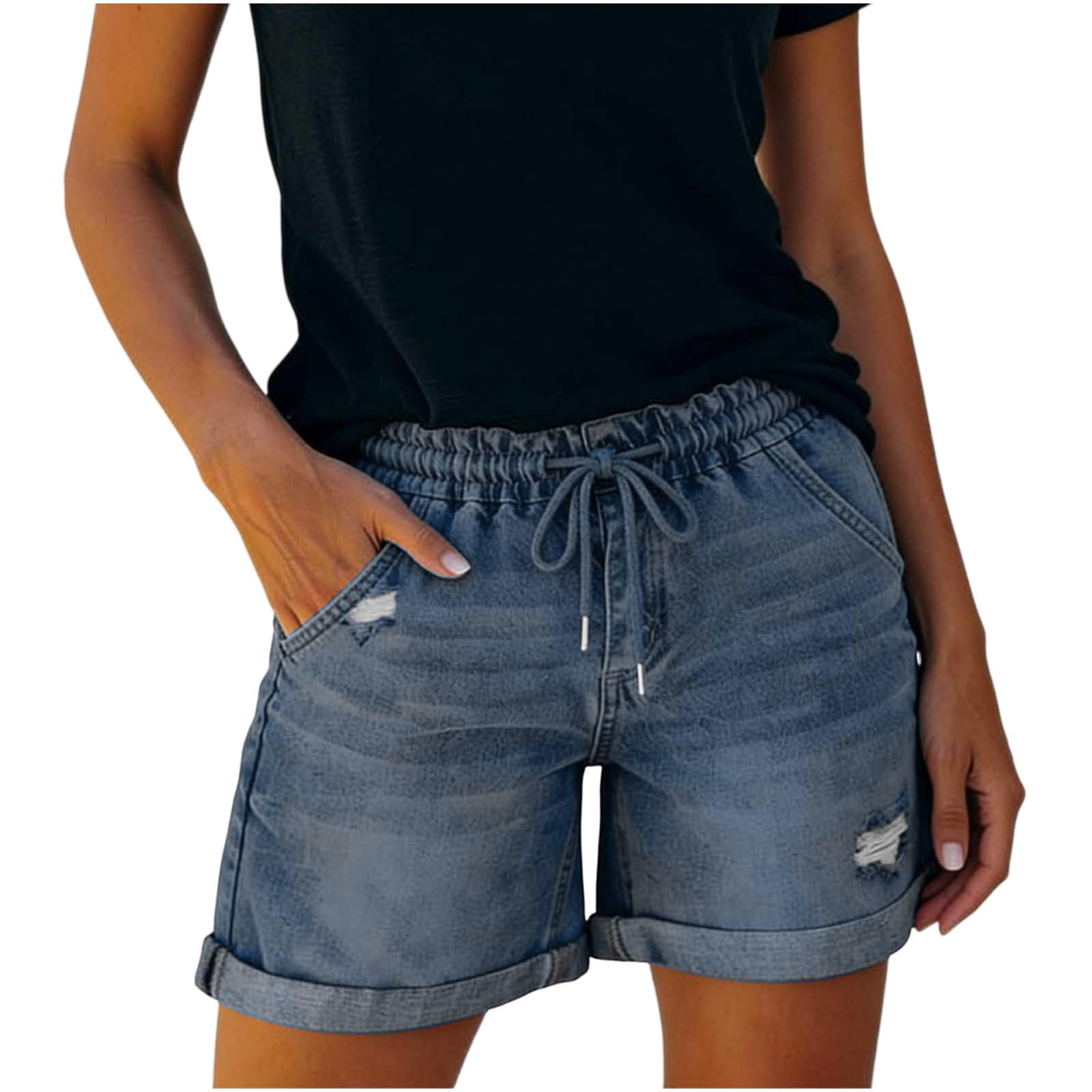 Shorts Vaqueros para Mujer, Cintura Elástica con Cordón, Estilo Casual, Dobladillo Enrollado, Pantalones Cortos Vaqueros Rotos Anchos con Cintura Alta Verano Casual Bermudas Shorts Jeans