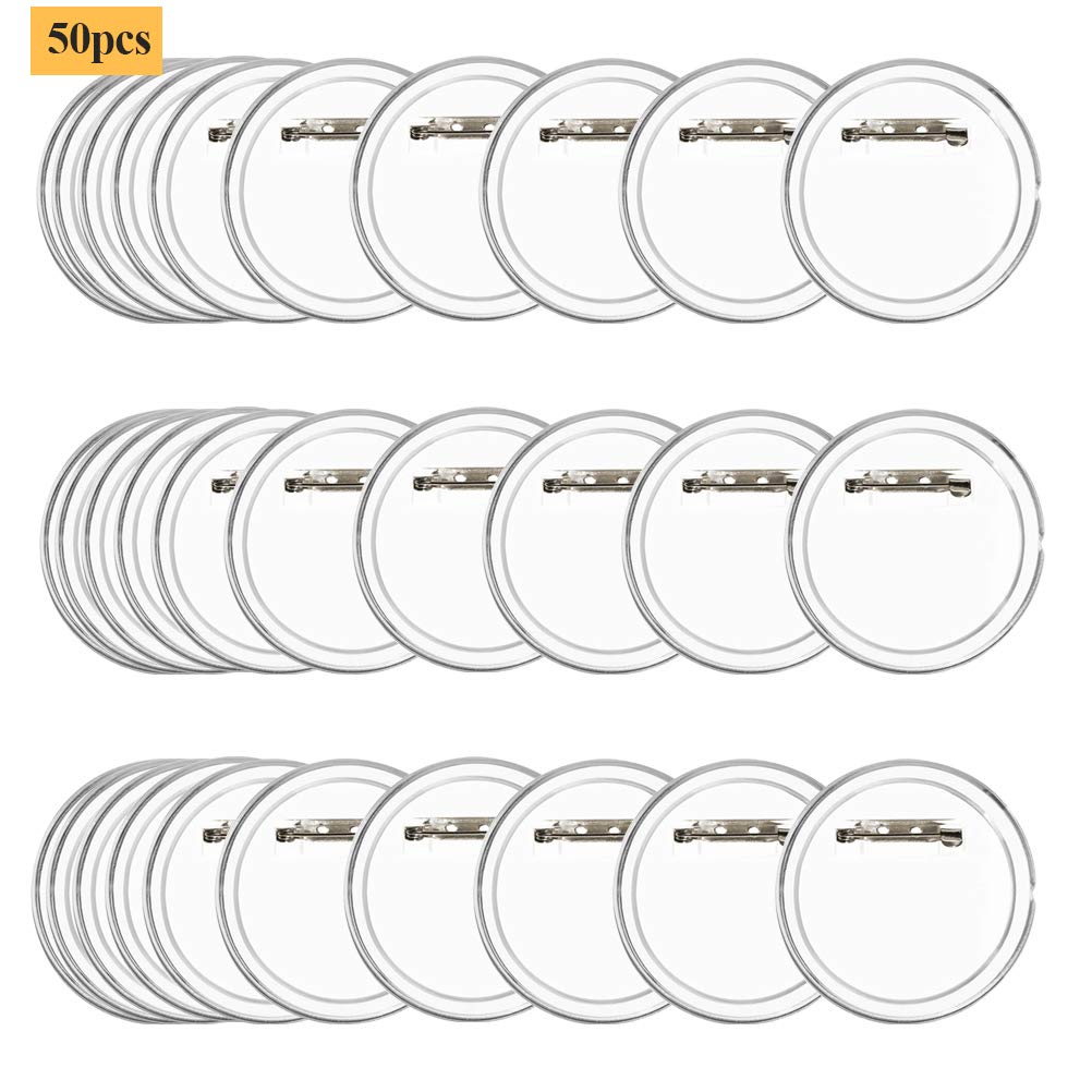 BUYGOO 50 Piezas Chapas Plásticas con Alfiler Incluido, Botón de Pin Redondo de Acrílico Transparente
