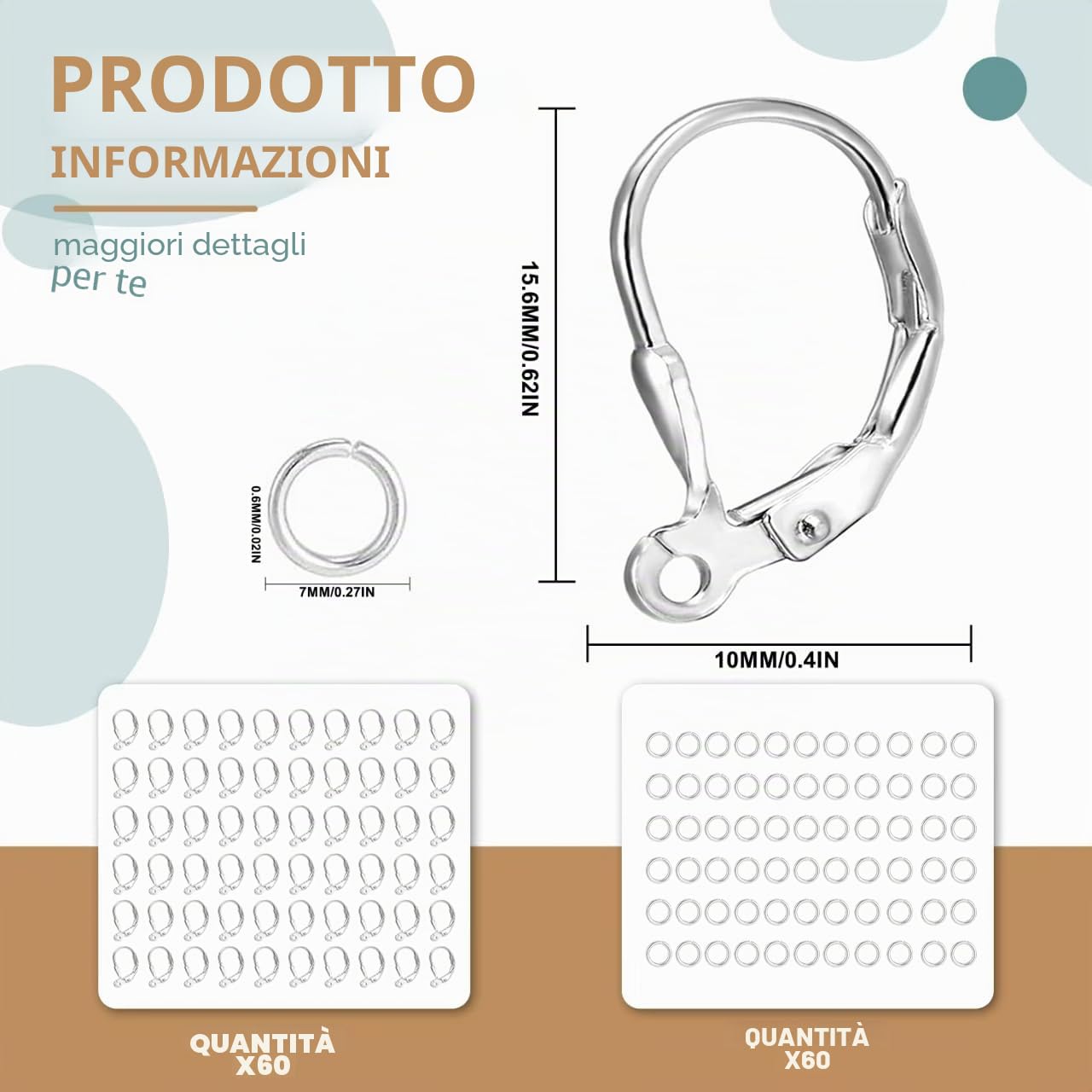 60 pezzi di chiusura a leva in argento Sterling 925 con anelli aperti per set orecchini fai da te