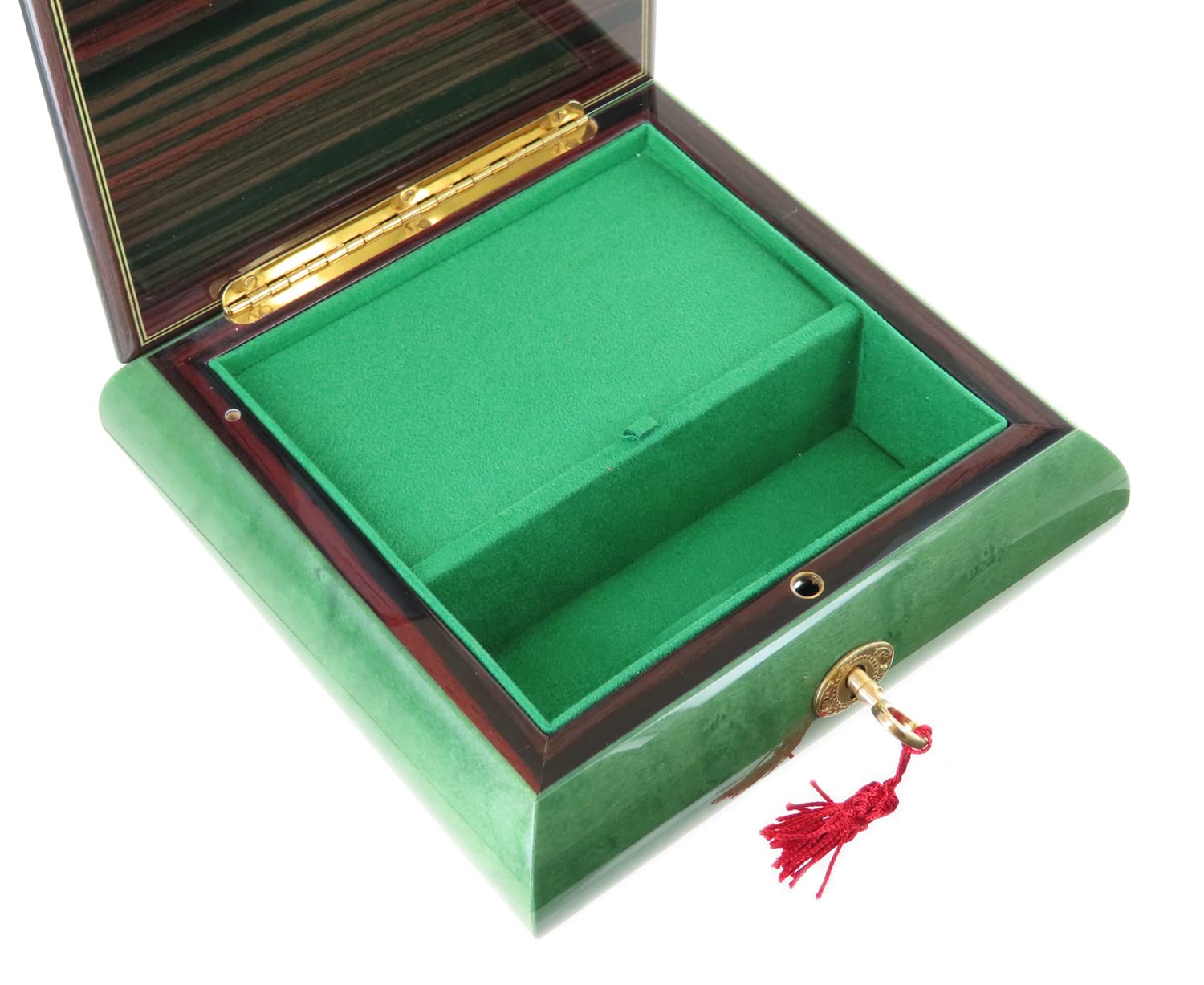Caja de música para joyas / joyero musical de madera teñida verde claro con marquetería ángel y mecanismo musical de resorte de 18 notas - La vie en rose - La vida en rosa (Louiguy / Edith Piaf)