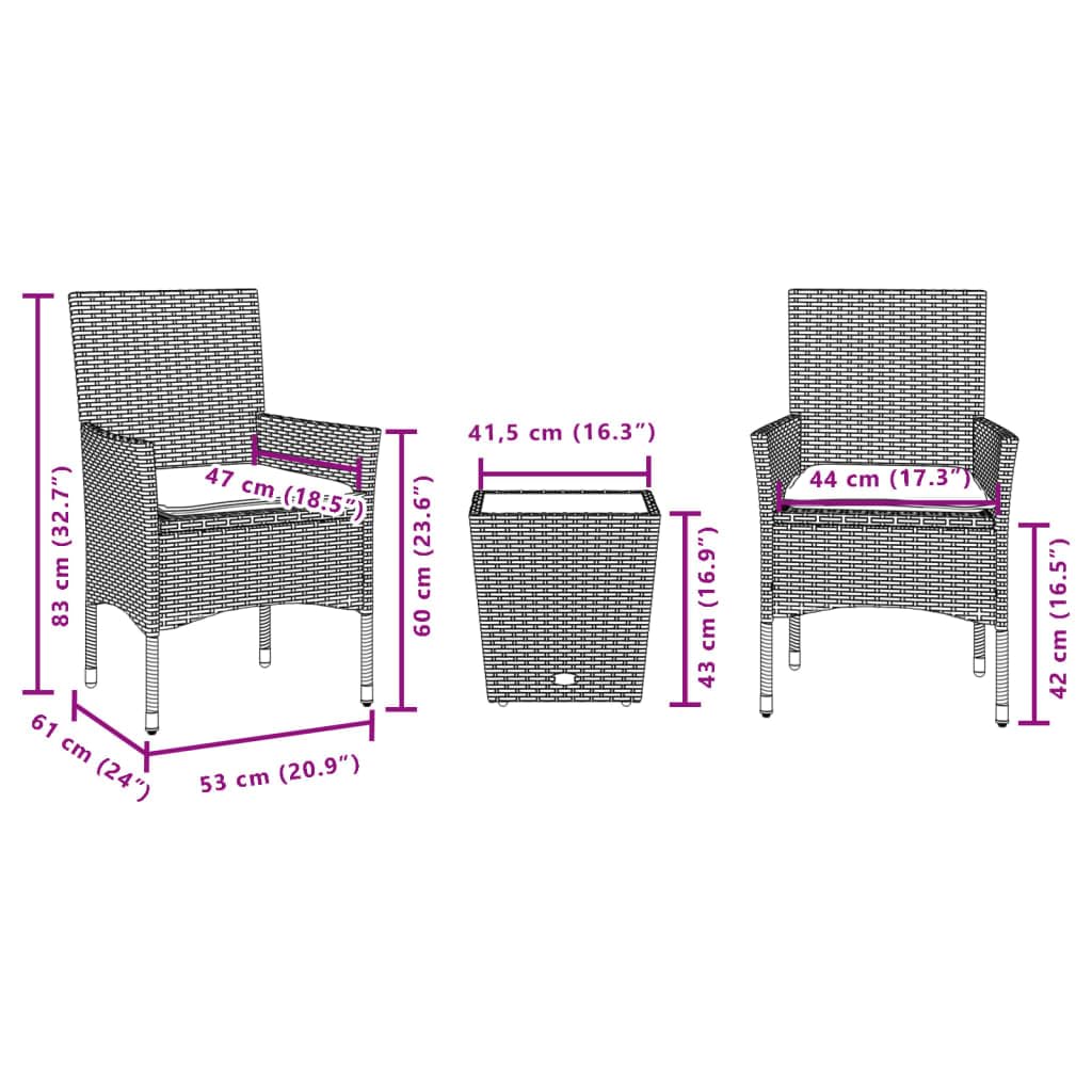 ShGaxin Tavolino e sedie con Cuscini 3 pezzi rattan sintetico Vetro Nero, Set Tavolo E Sedie Giardino, Tavolo E Sedie Terrazza, Mobili da Giardino Esterno, Set Di Mobili Da Giardino - 3278739