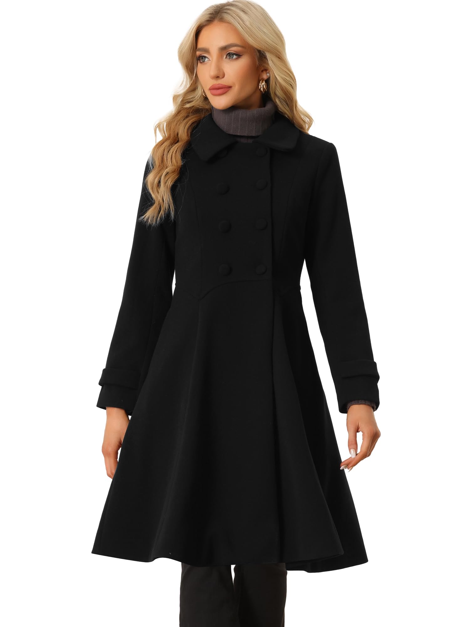 allegra k Women's Winter Coat Overcoat Lapel Collar Long Swing A Line Double Breasted Pea Coat-picture-24