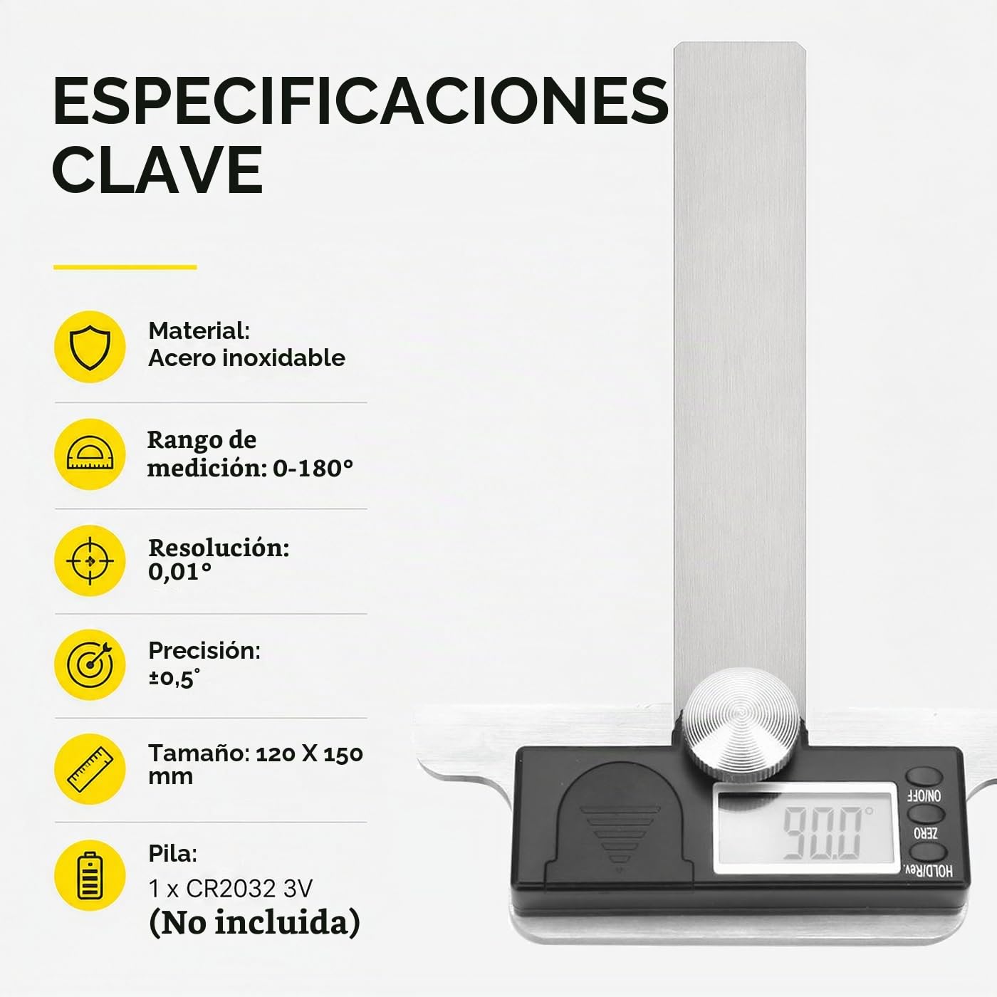 Goniómetro de Acero Inoxidable, 0-180 ° Buscador de Ángulo Electrónico de Alta Precisión Regla de Ángulo Lcd Digital 0.01 ° Trazado Rular, para La Medición de La Construcción de La Madera (120X150 mm)