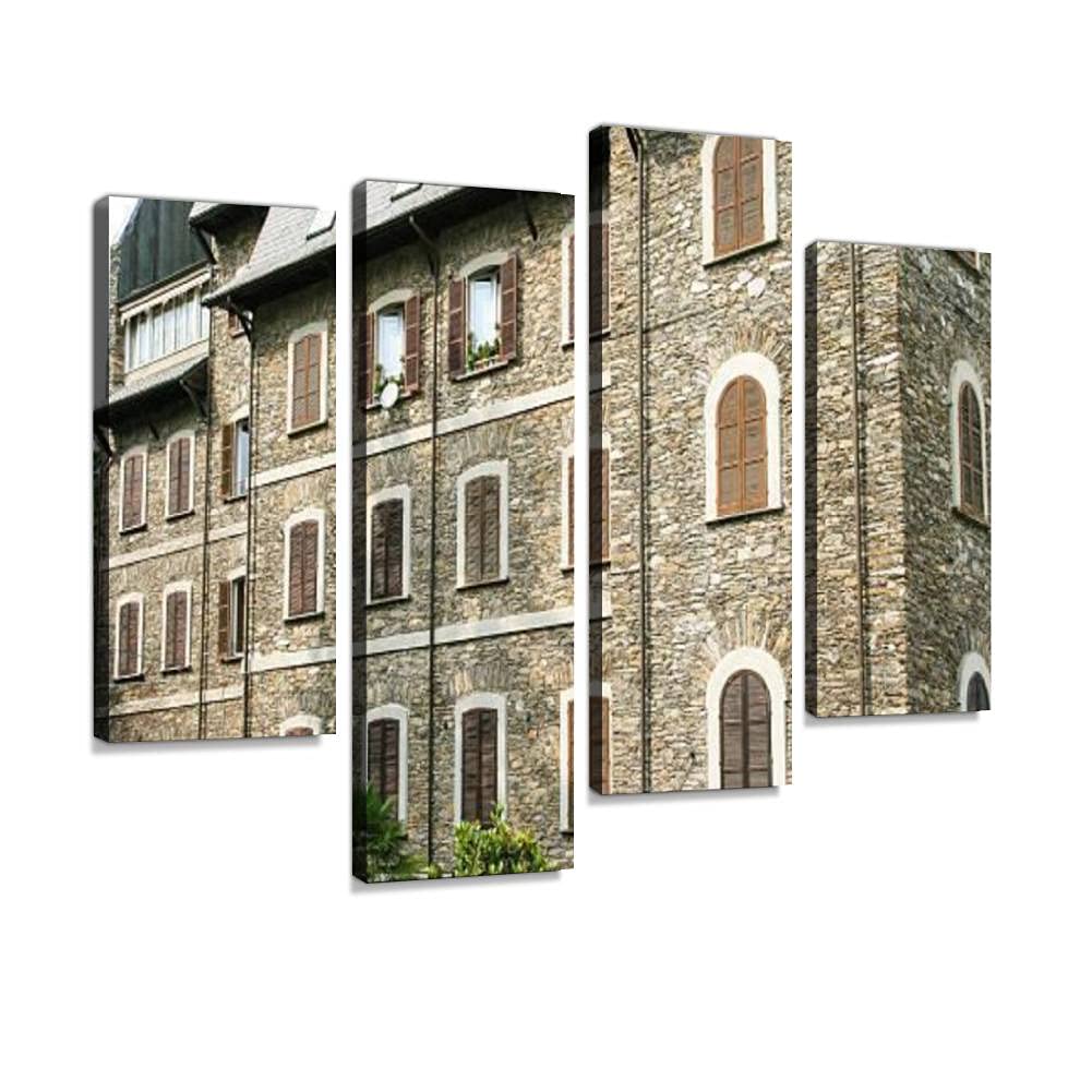 4 Panel Canvas Pictures Stone Building with Brown Window Shutters Baveno Lake Maggiore Italy Home Decor Gifts Canvas Wall Art for your Living Room