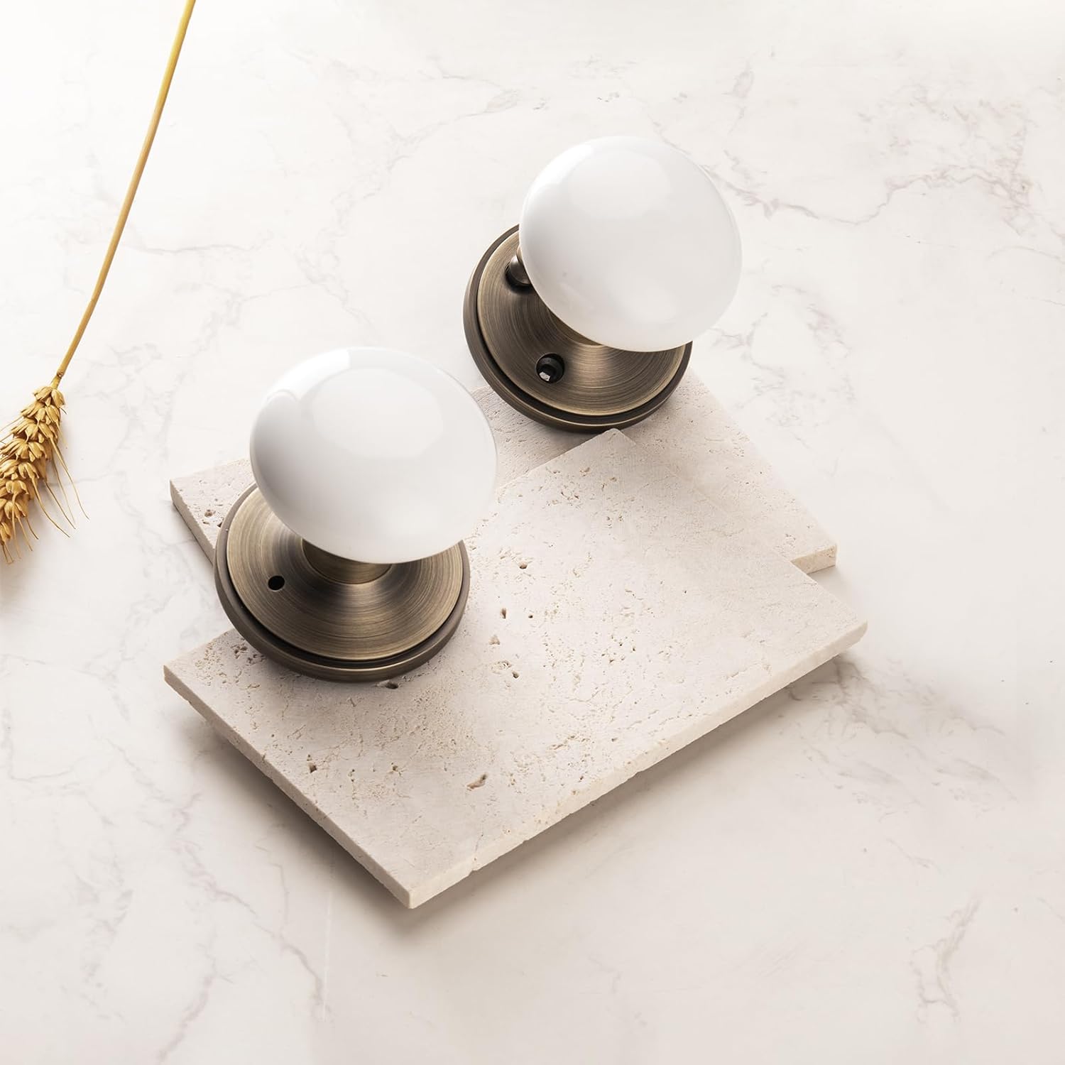 NCL White Door Knobs, Door Knob Interior, Porcelain Round Door Levers, Antique Brass Privacy Door Handles, Door Locks for Bedroom and Bathroom