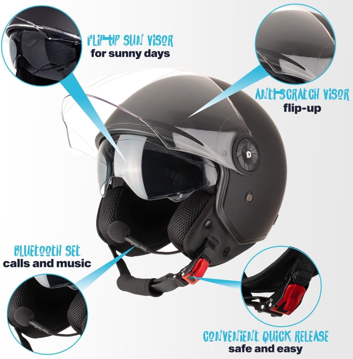 VINZ Paz Helmet with Bluetooth, Sun Visor, Anti-scratch Visor, and Quick Release