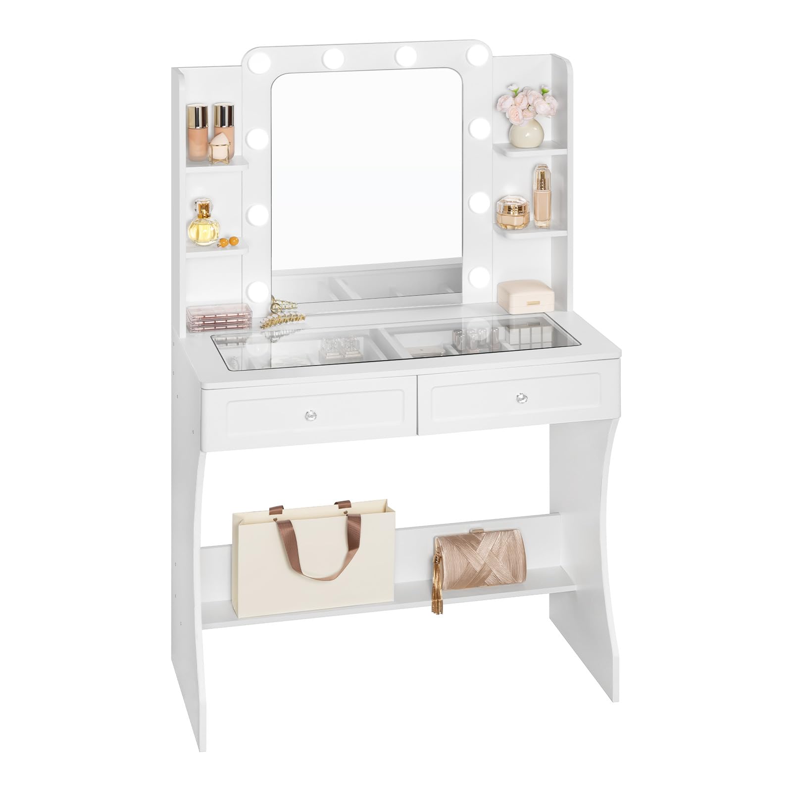 WOLTU Coiffeuse avec Miroir LED, Plateau en Verre, Blanche