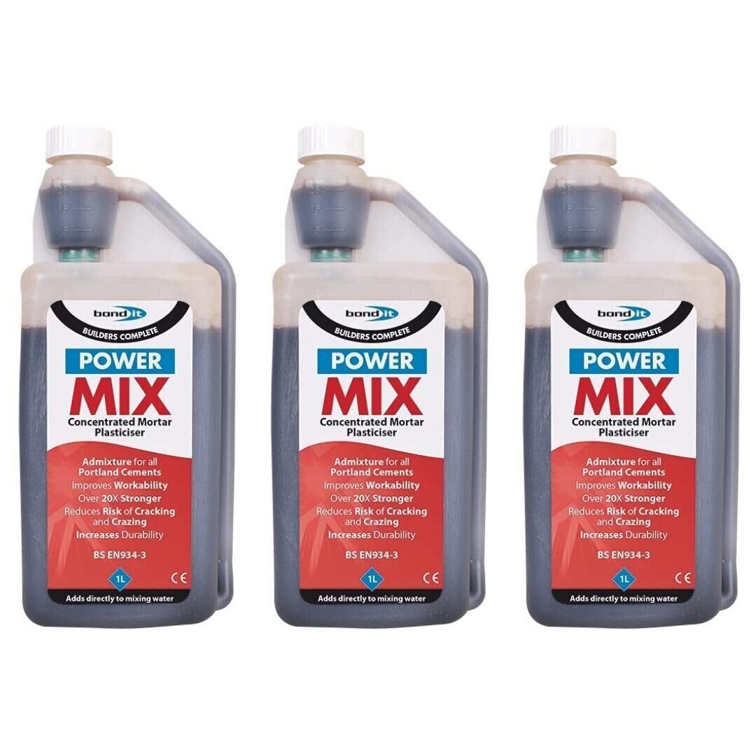 Bond It Power Mix Mortar Plasticiser, Liquid Additive, 1 Litre per Bottle, Pack of 3, for Bricklaying and Rendering