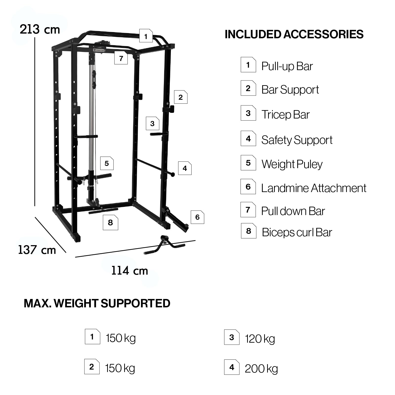 Multiestación de Fuerza Rack de musculación, Power Rack Squat, Jaula de Sentadillas, Equipo de Ejercicio de musculación, Gimnasio en Casa,114 x 140 x 220 cm