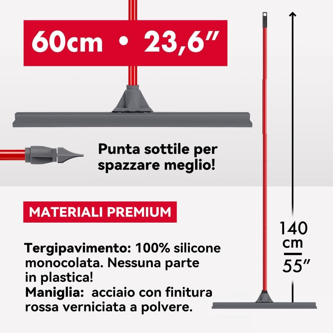 Tyroler Tira Acqua Pavimenti esterno da 60 cm | Testa in Silicone 100% | Manico Antiruggine da 140 cm tergipavimento spingiacqua | tiraacqua pavimenti esterni | tiracqua per pavimento