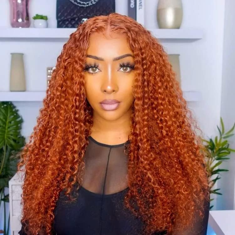 Pelucas de cabello humano rizado con encaje frontal de 22 pulgadas, con parte en T, pelucas de cabello humano rizado color naranja jengibre, densidad del 180%, peluca de encaje frontal de onda profunda, predepilada, peluca de cabello humano naranja quemad 5