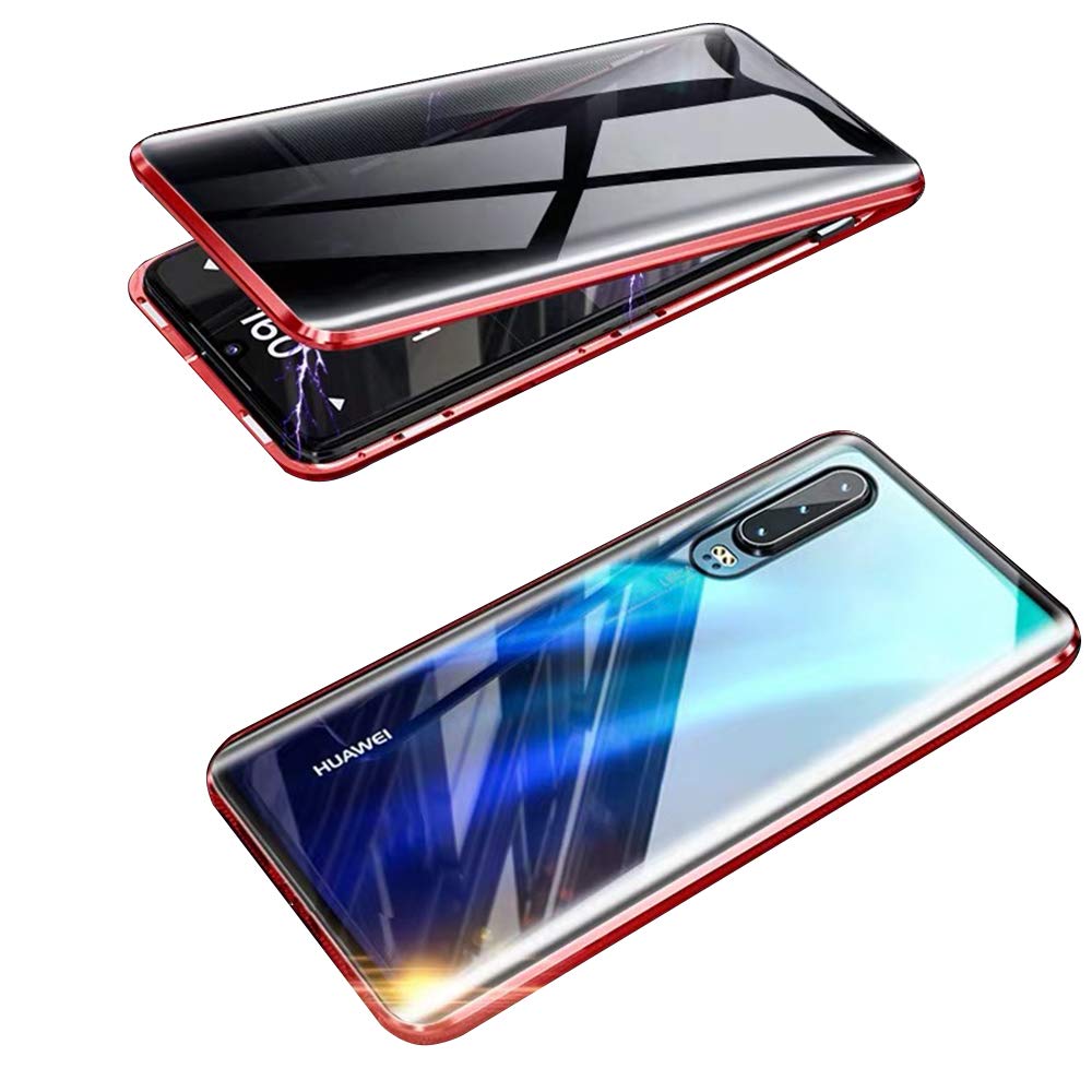 Orgstyle Case for Huawei P30, Anti-Peep Magnetic Adsorption Case Double Sided Glass Pravicy Protection Metal Bumper Case Shockproof 360 Clear Anti-Peeping Case, Anti Spy-Red