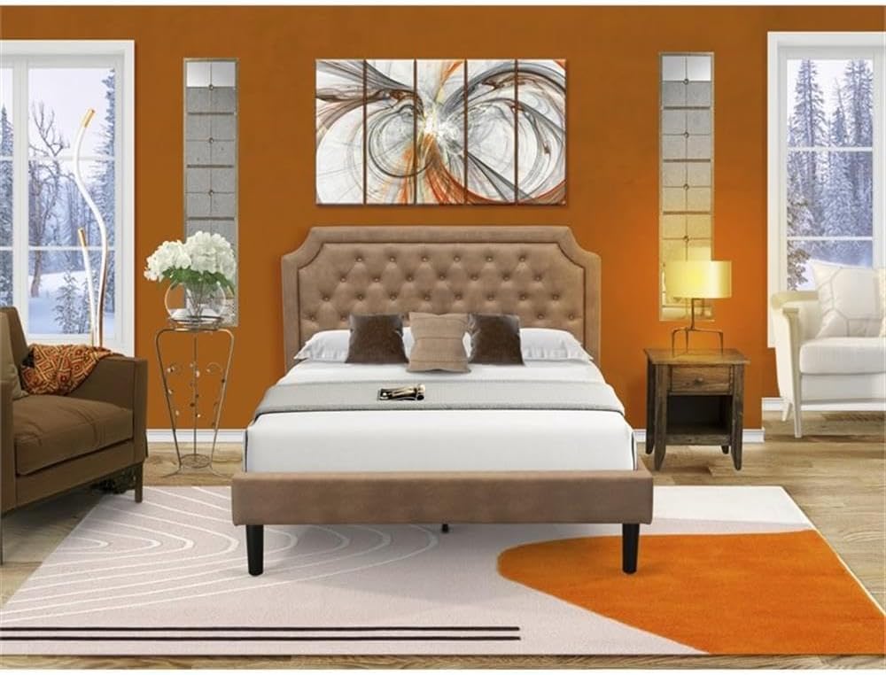 East West Furniture GB28Q-1GA07 2-Pc Granbury Queen Bed Set Furniture with Button Tufted Wood Bed Frame and 1 Distressed Jacobean Nightstand - Brown Faux Leather with Brown Texture and Black Legs