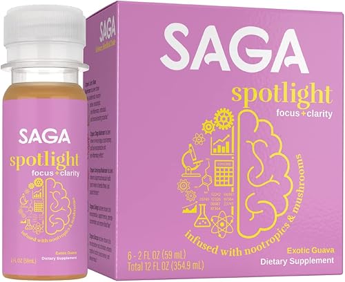 SAGA Disparos de enfoque orgánico  Contiene nootrópicos, adaptógenos y hongos - Bacopa y Ashwagandha  Alta biodisponibilidad y inicio rápido  Sin