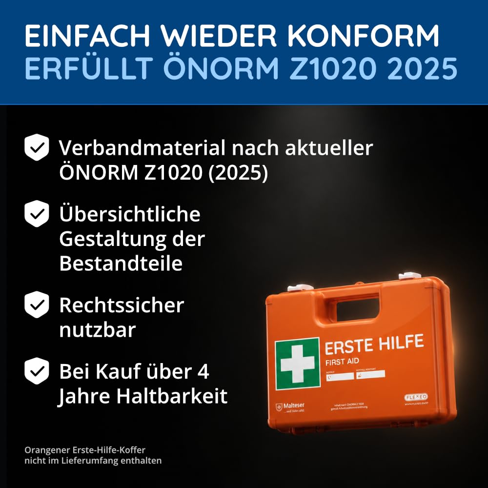ÖNORM Z1020 apteczka pierwszej pomocy, zestaw uzupełniający | aktualna obowiązująca norma ÖNORM Z1020 (2025) | wypełnienie apteczki | wszystkie materiały opatrunkowe aktualnej ÖNORM w zestawie