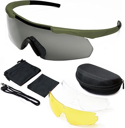 SPOSUNE Anteojos de disparo para hombre con funda, resistentes a los impactos con 3 lentes, gafas de seguridad antivaho para hombres y mujeres Verde
