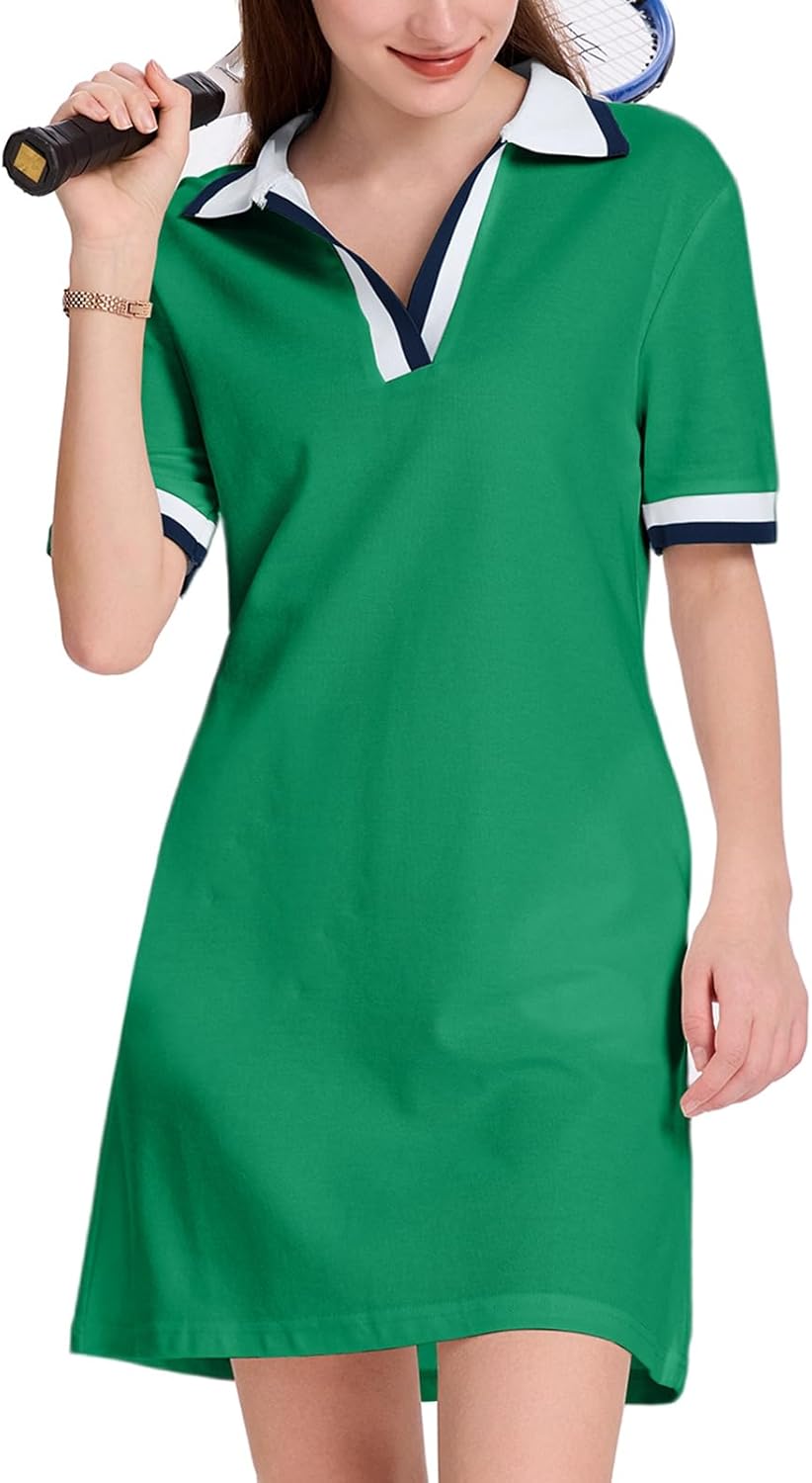 WOWULOVELY Polo Dress for Women V Neck Casual Short Sleeve Mini Shirt Dress Flowy Contrast Color Golf Tennis A Line Dresses(Green-XL)