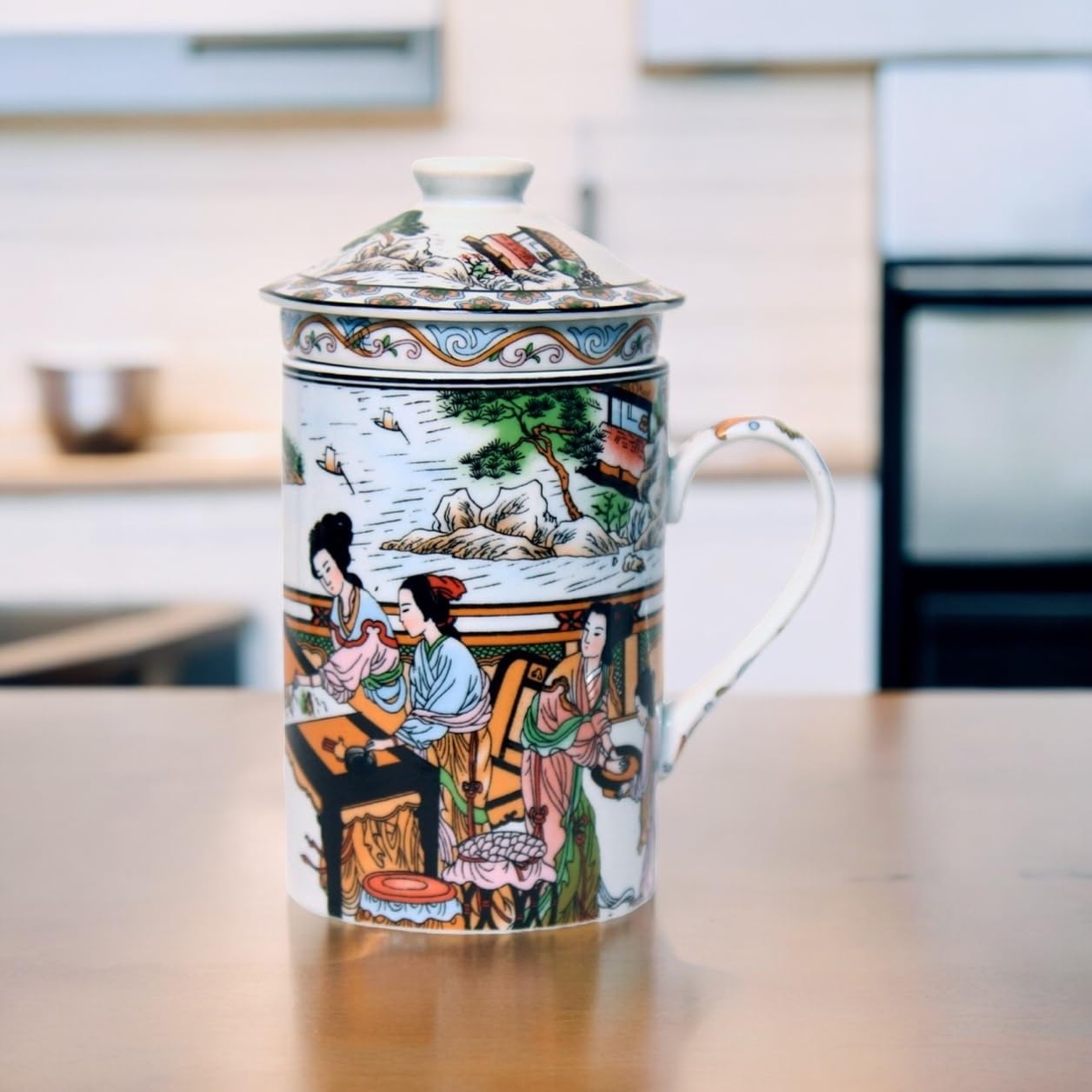 Keramik Teetasse mit Deckel + Sieb für Losen Tee mit Asiatischem Motiv (Mädchen, 047) Japanische Chinesische Tasse Für Teeliebhaber, Porzellan Kaffee Geschenk Set Asien Asia Becher Haferl
