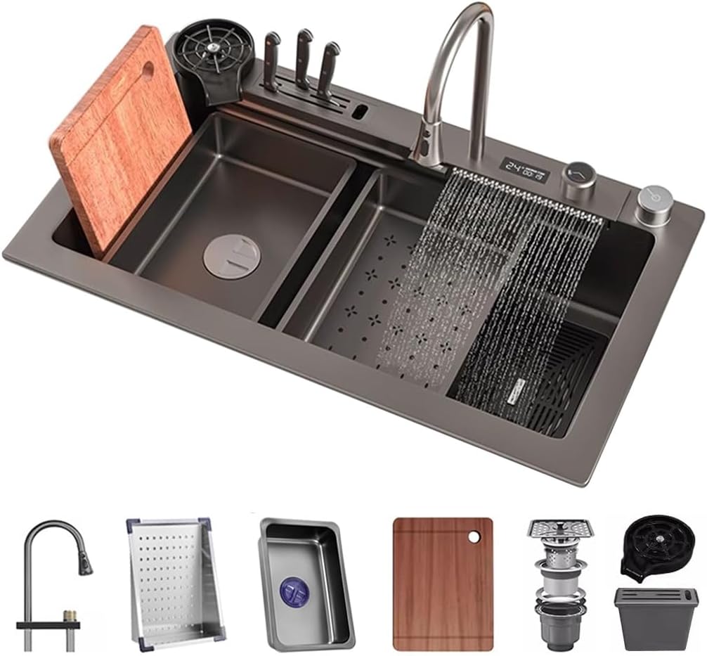 Küchenspüle Mit Wasserfall-Armatur Gold - Einbauspüle 75x46x22cm Edelstahl