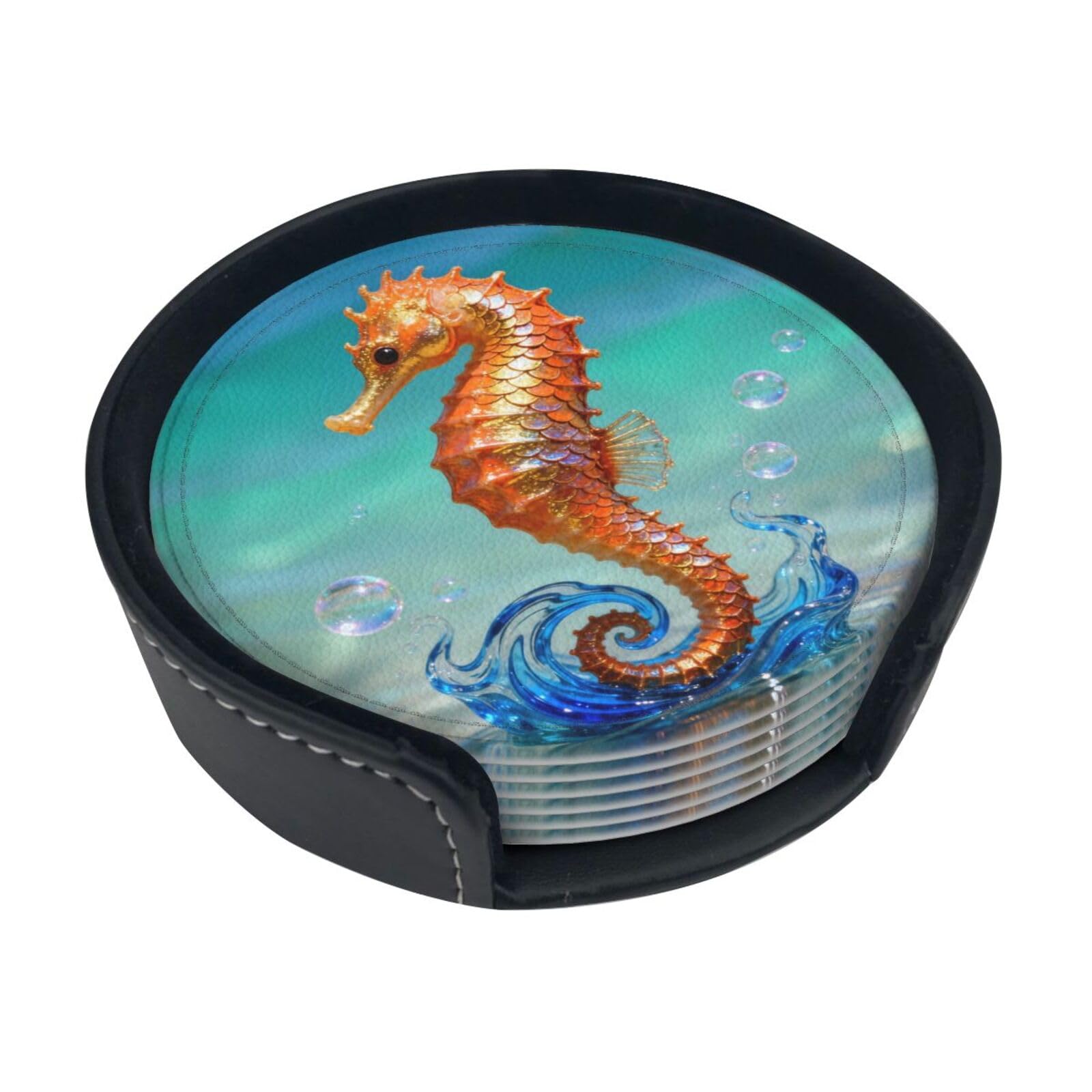 Cntdbu White Orange Seahorse Leather Coasters Set Of 6-Pu Leather Drink Mats For Table, Heat Resistant Round Coasters With Holder