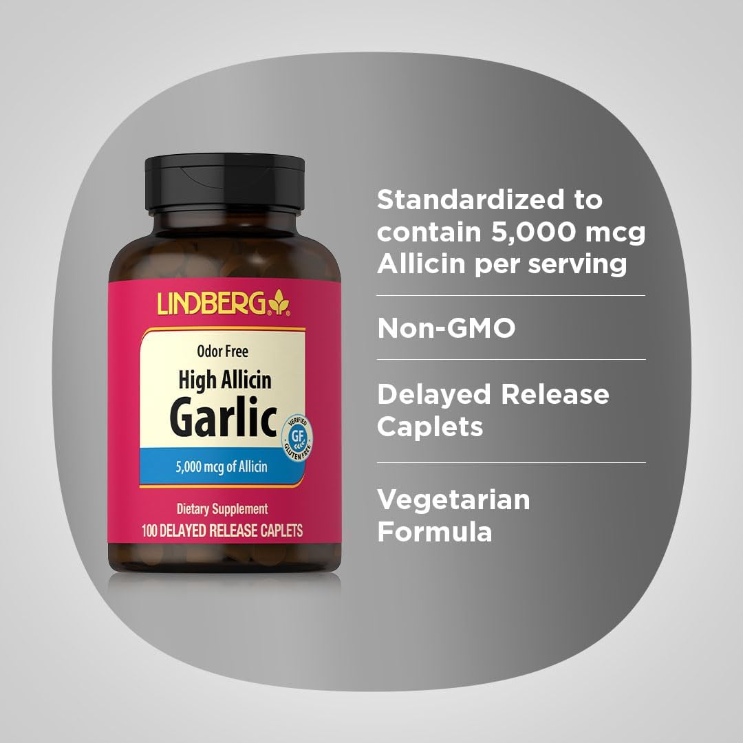 Lindberg Garlic Supplement Pills | 500mg | 100 Caplets | Odorless with High Allicin (5000mcg) | Allium Sativum Extract | Non-GMO, Gluten Free - Image 4