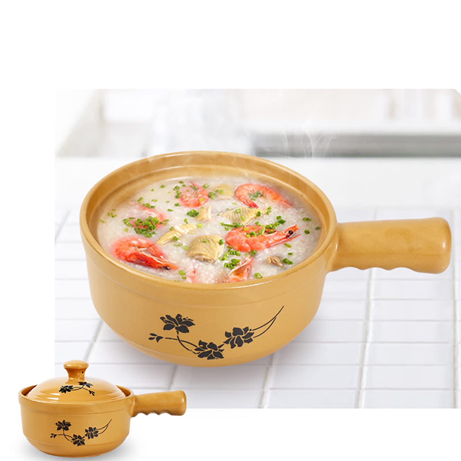Olla para Cocinar Cazuela De Cerámica Cazuela De Cocina Apta para El Horno, Olla De Piedra De Barro Natural, Artesanía Tradicional, con Asa, 1.8L (Binaural 1.1L)