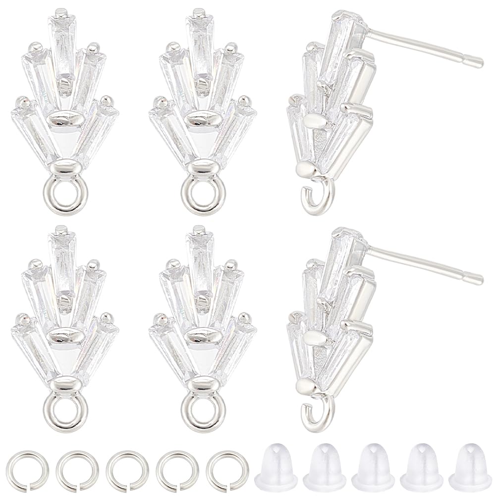 CREATCABIN 6 works Leaf Shape Brass Cubic Zirconia Stud Earring Findings Earring Posts Crystal Blossom Leaf with Loops Open Jump Ring Ear Nut for DIY Earring Jewelry Making Supplies 14.2x7.5 mm Silver