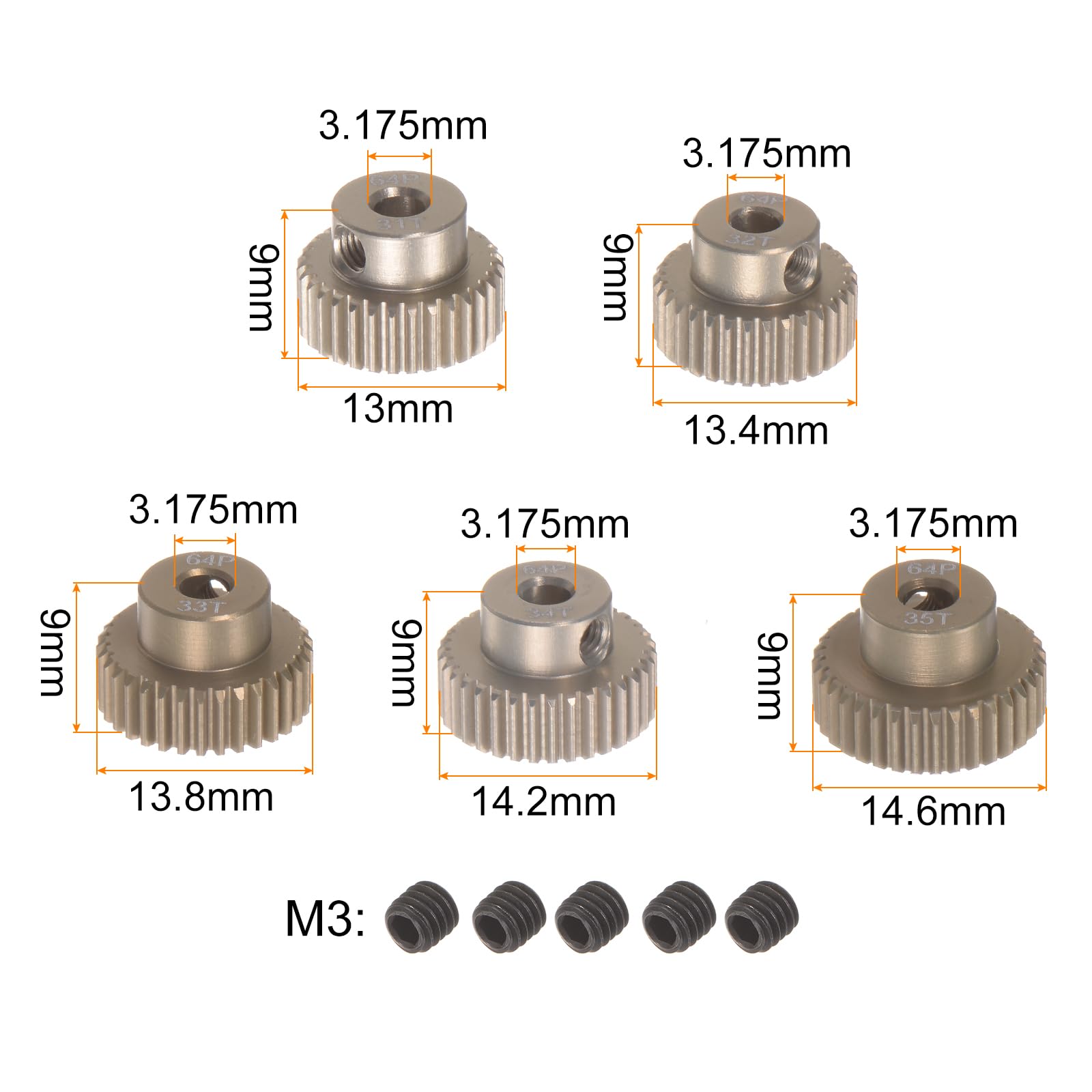 QUARKZMAN Set Di Ingranaggi a Pignone 64P, Albero da 3,175 Mm (1/8 Pollice), 31T 32T 33T 34T 35T in Lega Di Alluminio per Motori Rc da 1/10 (5 Pezzi)