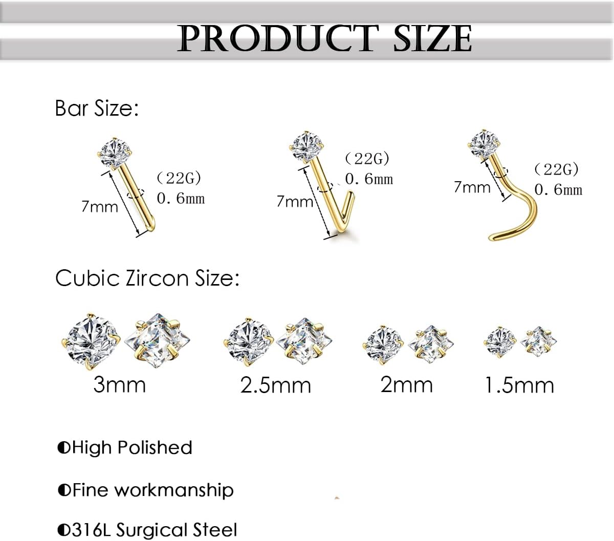 14k Gold Plated 316L Surgical Steel 22g/20g/18g Nose Rings Studs L-Shape Bone Screw Nostril Piercing 1.5mm 2mm 2.5mm 3mm 3.5mm 4.5mm CZ Nose Studs for Women - Image 5