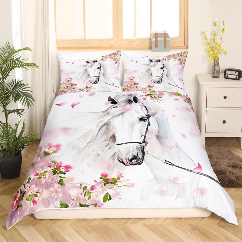 Housse de couette cheval 90x190 cm en microfibre avec 2 taies d'oreiller