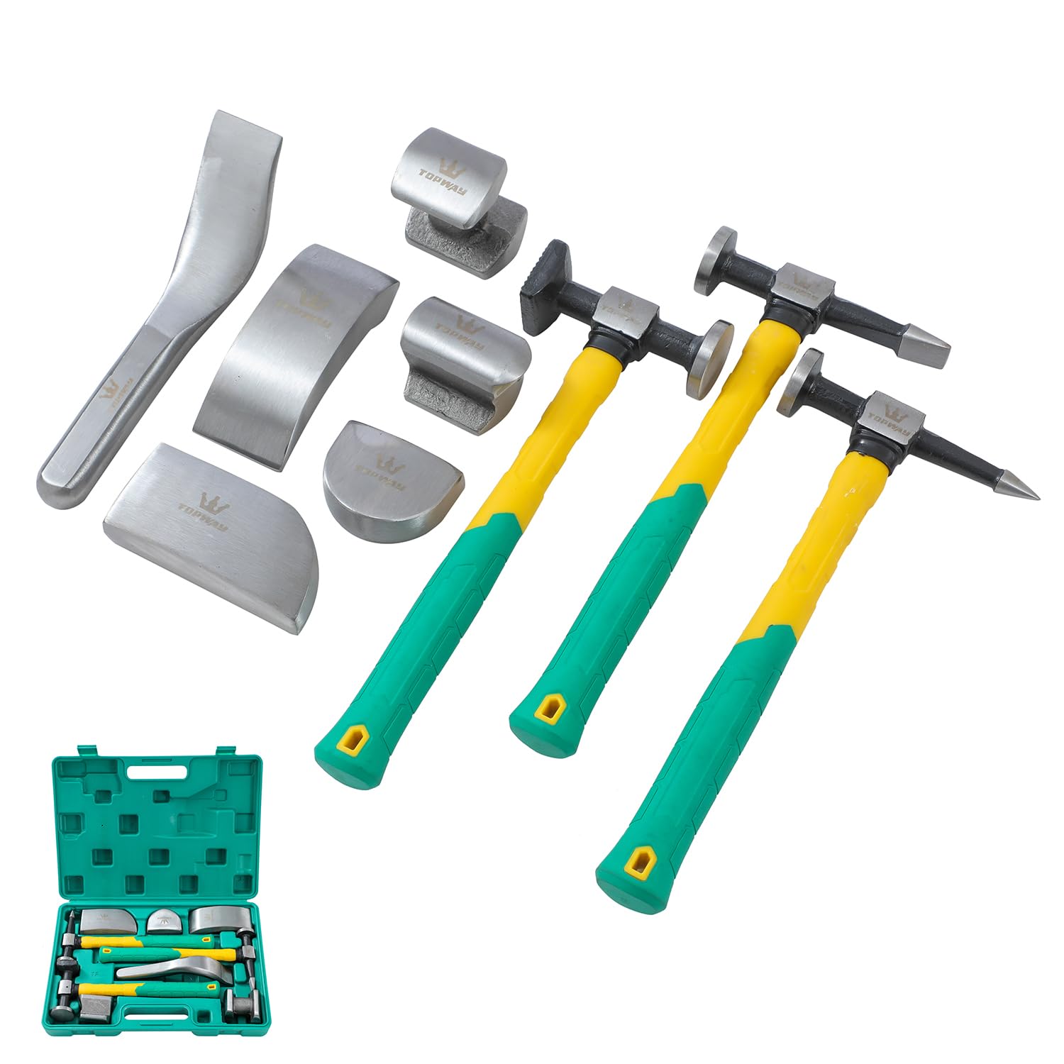 TOPWAY 9-Piece Professional Auto Body Panel Dent Repair Tool Set - Fiberglass Handle Beating Hammer, Dollies - for Dent Removal & Car Bodywork, Model 454223