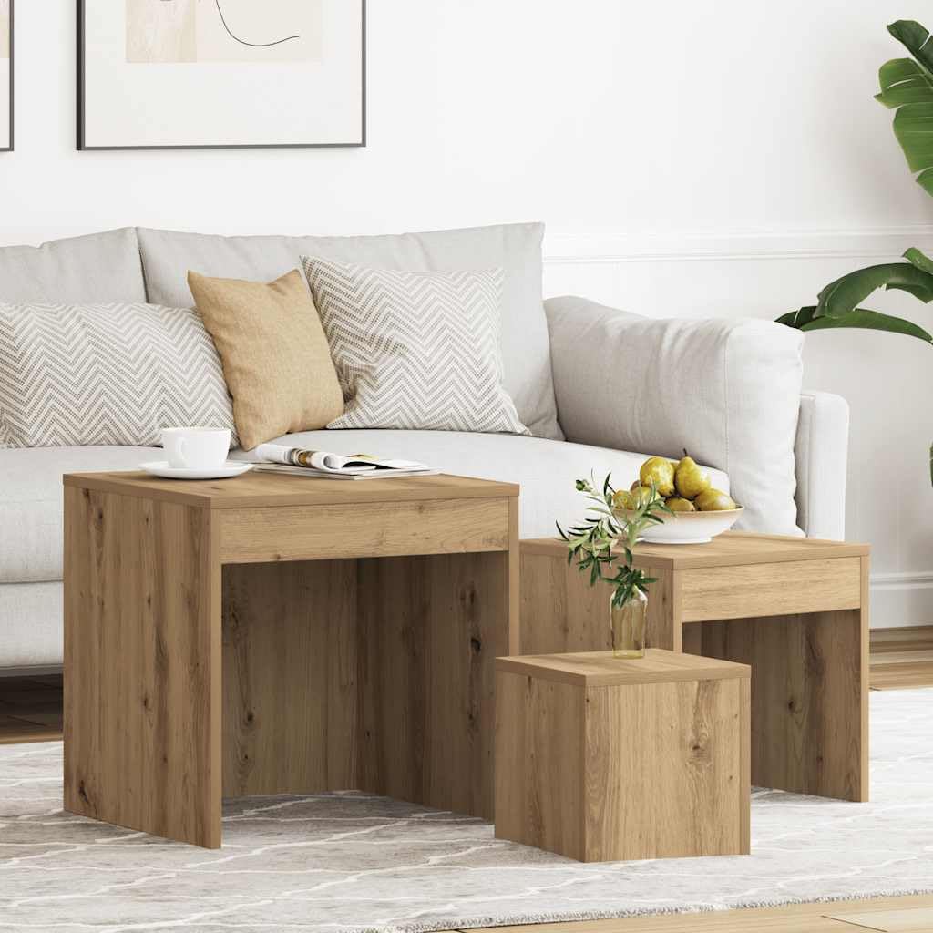 SXZenSpace Owox 3-Piece Nesting Side Tables, Artisan Oak Engineered Wood, 45 cm, Small Coffee Tables for Living Room, Bedroom, Hallway