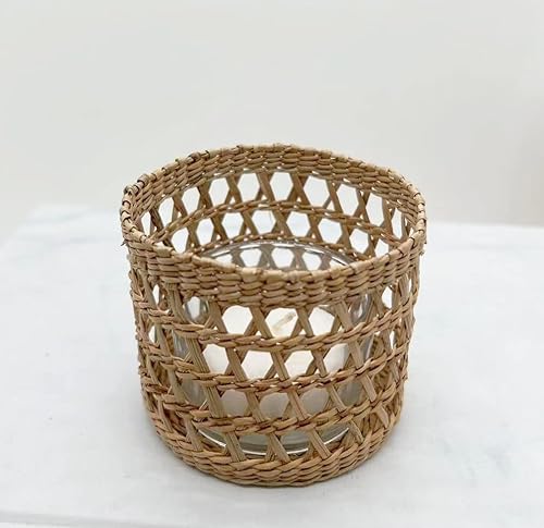 Natural Rattan Woven Tea Light Candle Holder, Decorative Rustic Vintage Seagrass Votive Candle Holders For Dining Table Kitchen Decor Serving Tray, Pack 2 #TOP3