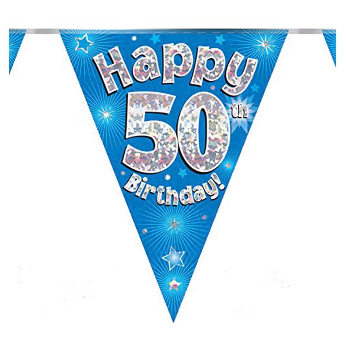 Party Bunting Happy 50th Birthday Blue Holographic 11 flags 3.9m