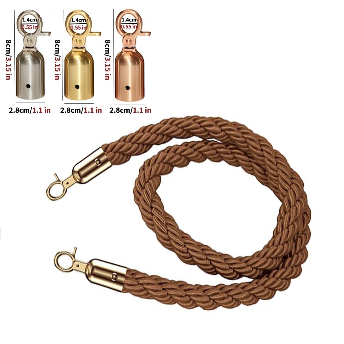 Corde de sécurité torsadée Marron-Argent avec mousquetons – 1,8 m (6 pi) pour poteaux et Supports, barrière de sécurité pour événements (café, etc.)