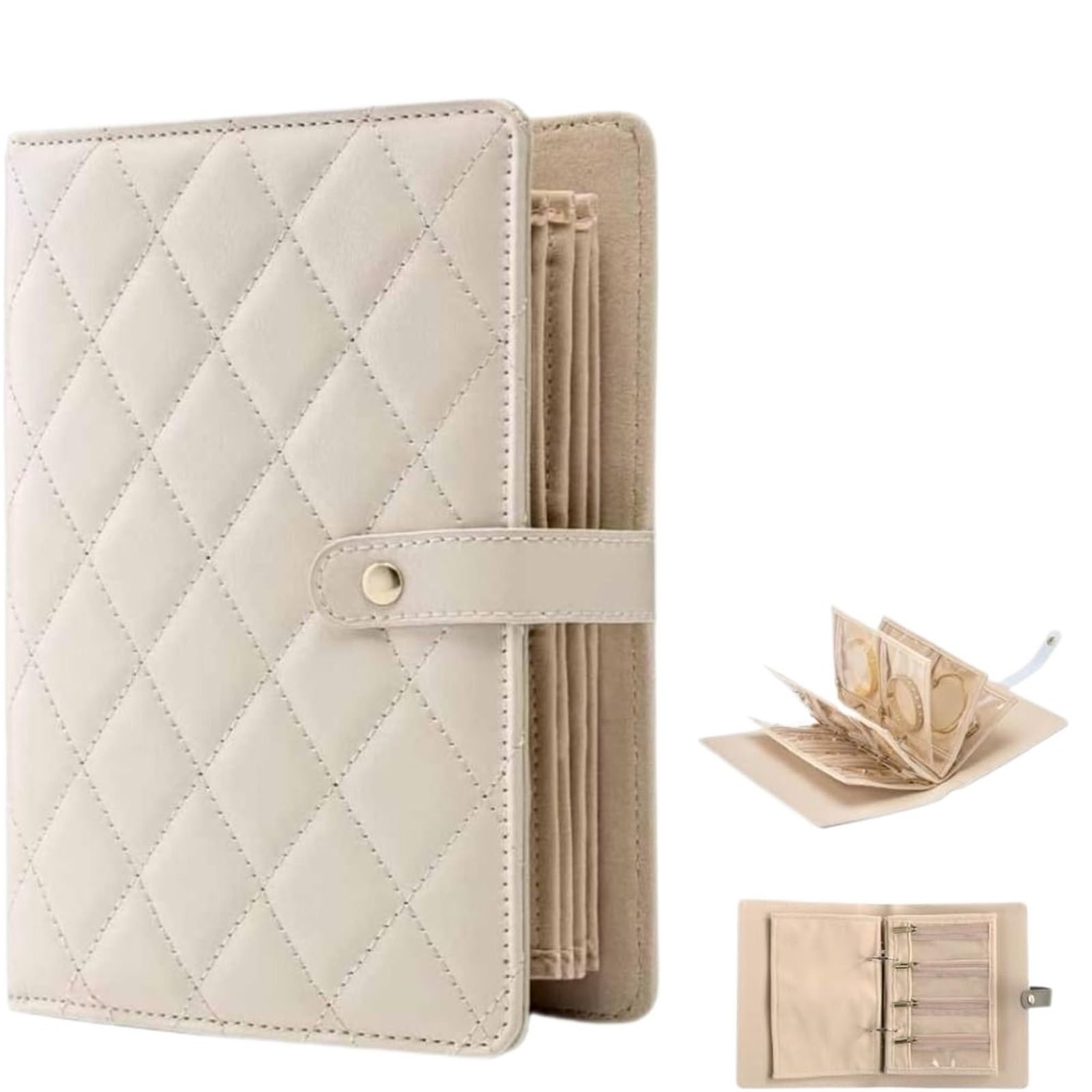 FDzkrtvm Transparent Jewelry Storage Book, Jewelry Storage Book, Transparent Zipper Pockets, PU Leather Velvet Binder, Multicolor(Beige)