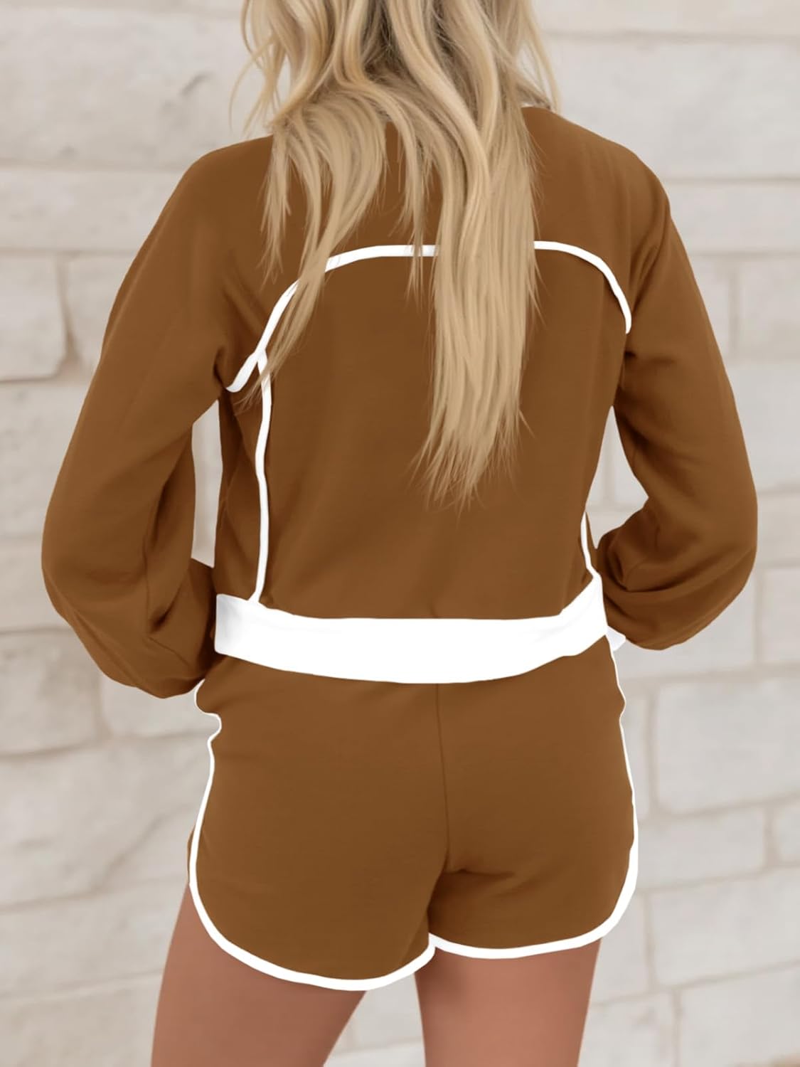 Fisoew Womens 2 Piece Outfits Casual V Neck Cropped Sweatshirt High Waisted Workout Shorts Sets Loose Tracksuits - Image 4